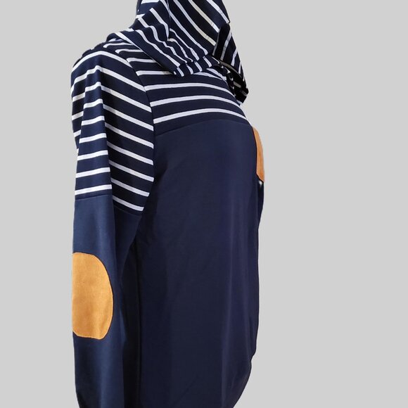 Pat Pat Blue and white Knit Sleeve Hoodie Pullover V Neck Sweatshirt Women S - Picture 4 of 6